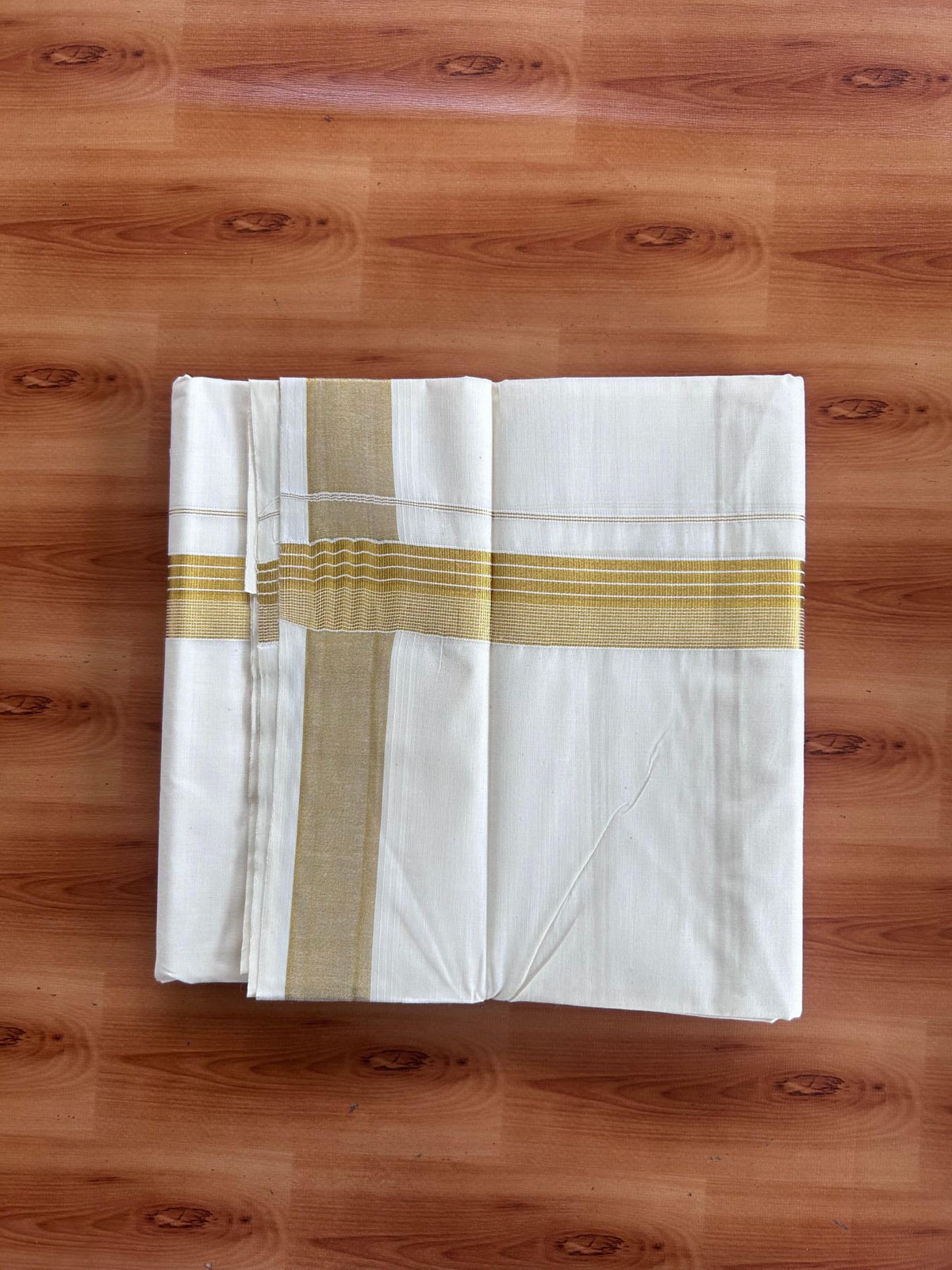 Off White (Unbleached) Double Mundu/Dhoti - 20% Discount ! KaithariKada - Pure cotton - 100x80 - 1.5 inch Gold Kasav Striped Kara 4 mtr (8.5 muzham) - 6 KK5514 VIN