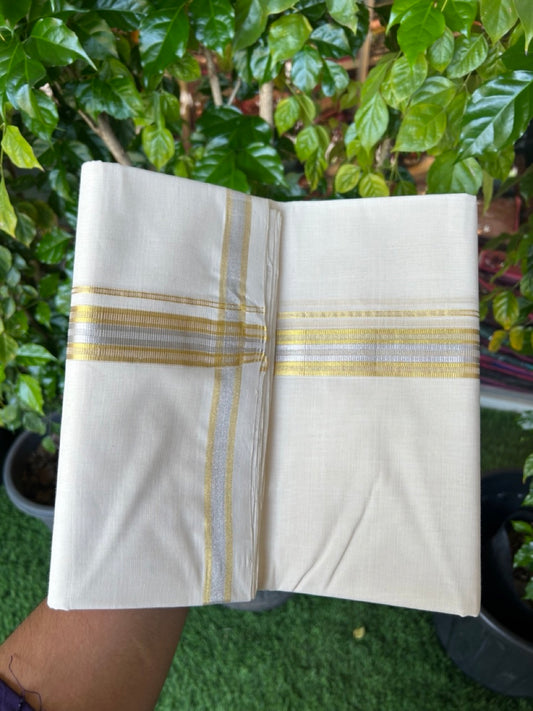 25% DISCOUNT ! KaithariKada HANDLOOM MILLPAAV Balaramapuram - 100% PURE Cotton Off White - (Unbleached) Double Mundu/Dhoti - 80X90 - 1 inch Gold Kasavu & Silver Kasavu Stripes Kara 4 mtr (8.5 muzham)- 12KK5234 RAM