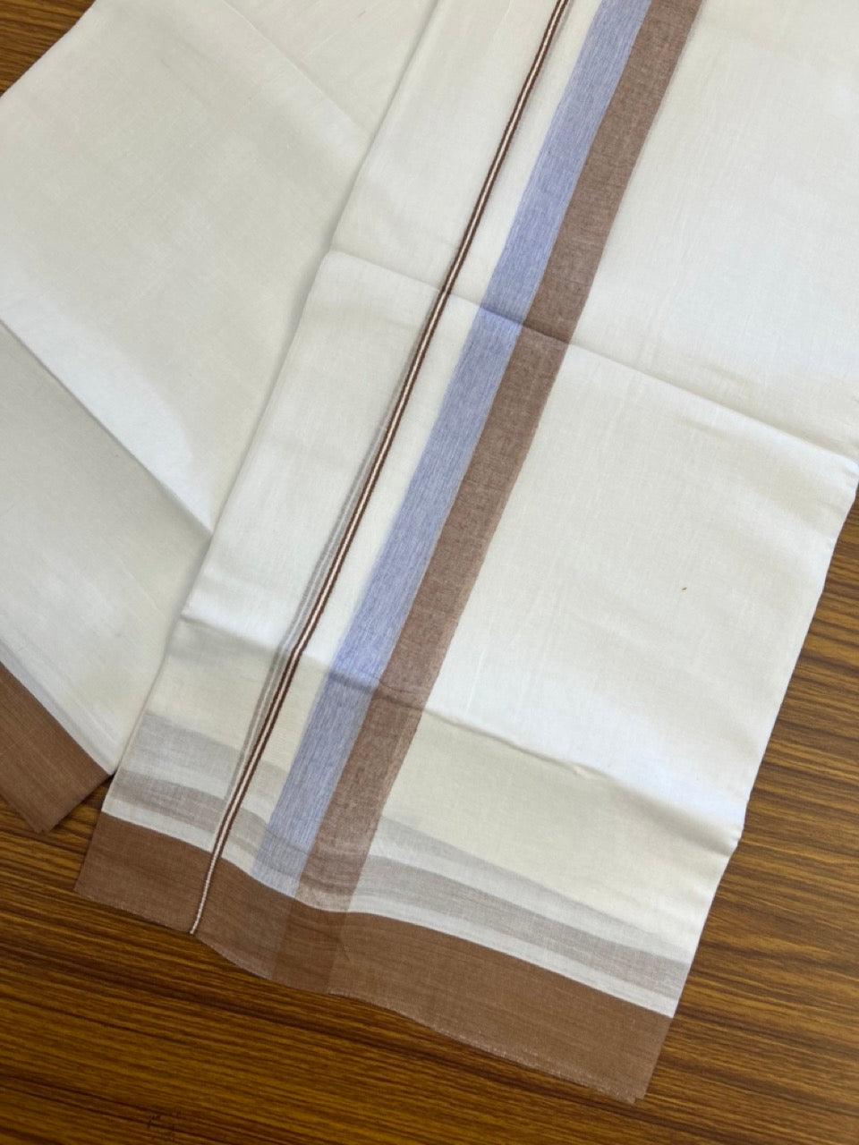 20% Discount ! Kaitharikada Balaramapuram 100% Cotton Pure White Double Mundu/Dothi - 60s - 1.5 inch Light Blue & Brown Shaded Kara 3.80 mtr (8 muzham) - 54 KK5299 THI