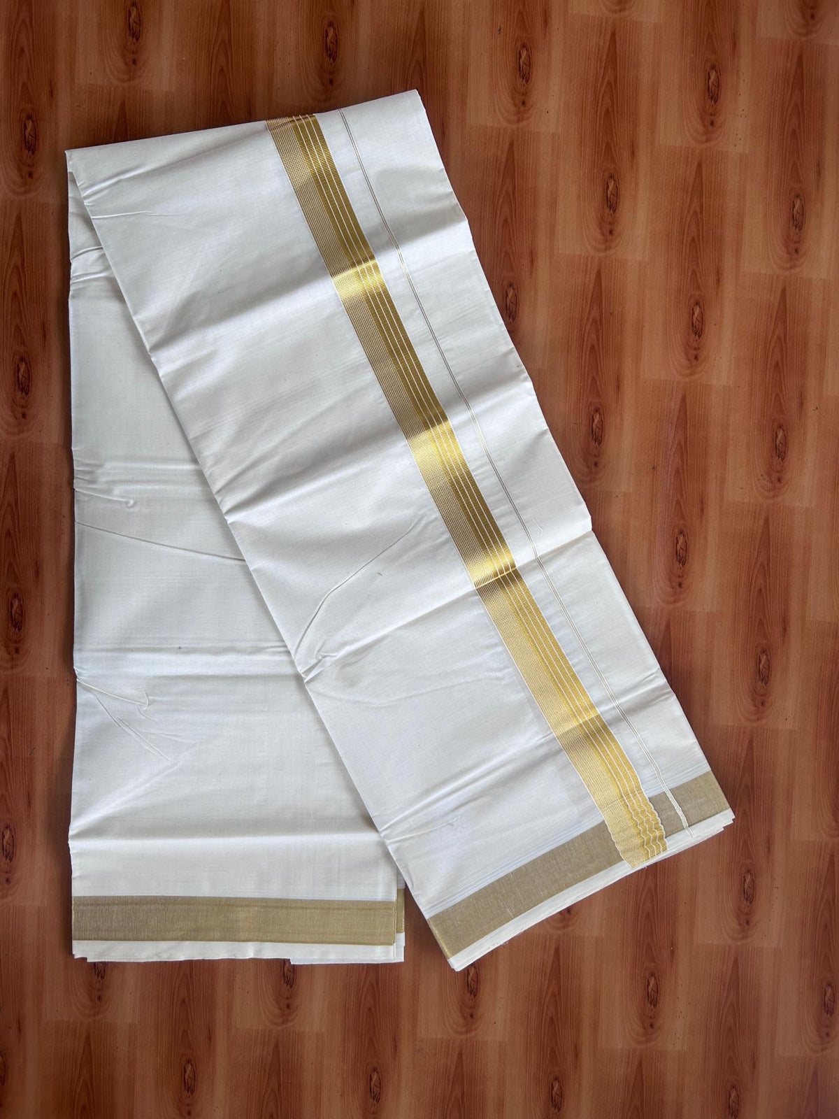 Off White (Unbleached) Double Mundu/Dhoti - 20% Discount ! KaithariKada - Pure cotton - 100x80 - 1.5 inch Gold Kasav Striped Kara 4 mtr (8.5 muzham) - 6 KK5514 VIN