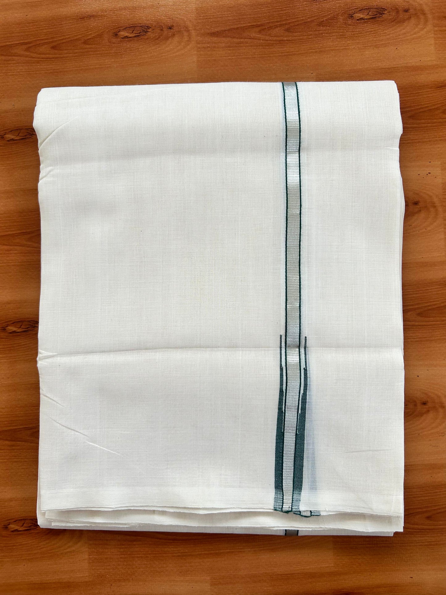 Double Off White - (Unbleached) Mundu/Dothi- 25% Discount!! KaithariKada Handloom Unakkupaav - Kerala Handloom - Pure Cotton - 80X90 - 0.5 inch Puliyilakkara Silver Kasav & Green Chutty Kara 4 mtr (8.5 muzham) - 9 KK5444 YAR