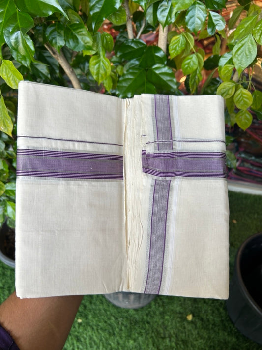 25% DISCOUNT!! KaithariKada HANDLOOM UNAKKUPAAV Balaramapuram - 100% PURE Cotton OFF White Double - (Unbleached) Mundu/Dothi - 1.5 Inch Silver Kasav Violet & Brown Stripes kara 4 mtr (8.5 muzham) - 53 KK5234 RAM