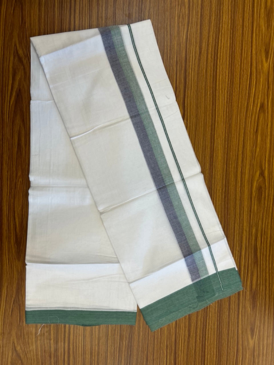 20% Discount ! Kaitharikada Balaramapuram 100% Cotton Pure White Double Mundu/Dothi - 60s - 1.5 inch Navy Blue & Green Shaded Kara 3.80 mtr (8 muzham) - 56 KK5299 THI