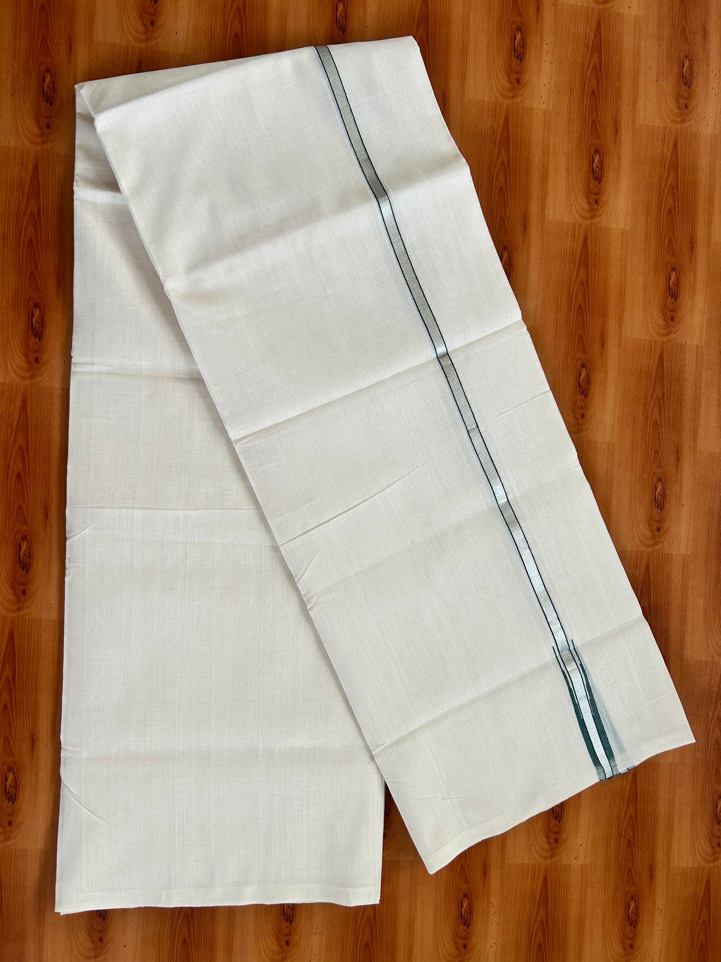 Double Off White - (Unbleached) Mundu/Dothi- 25% Discount!! KaithariKada Handloom Unakkupaav - Kerala Handloom - Pure Cotton - 80X90 - 0.5 inch Puliyilakkara Silver Kasav & Green Chutty Kara 4 mtr (8.5 muzham) - 9 KK5444 YAR