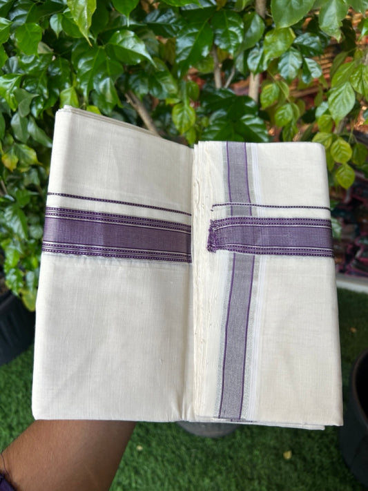 25% DISCOUNT!! KaithariKada HANDLOOM UNAKKUPAAV Balaramapuram - 100% PURE Cotton OFF White Double - (Unbleached) Mundu/Dothi - 1.5 Inch Silver Kasav & Violet Stripes kara 4 mtr (8.5 muzham) - 54 KK5234 RAM