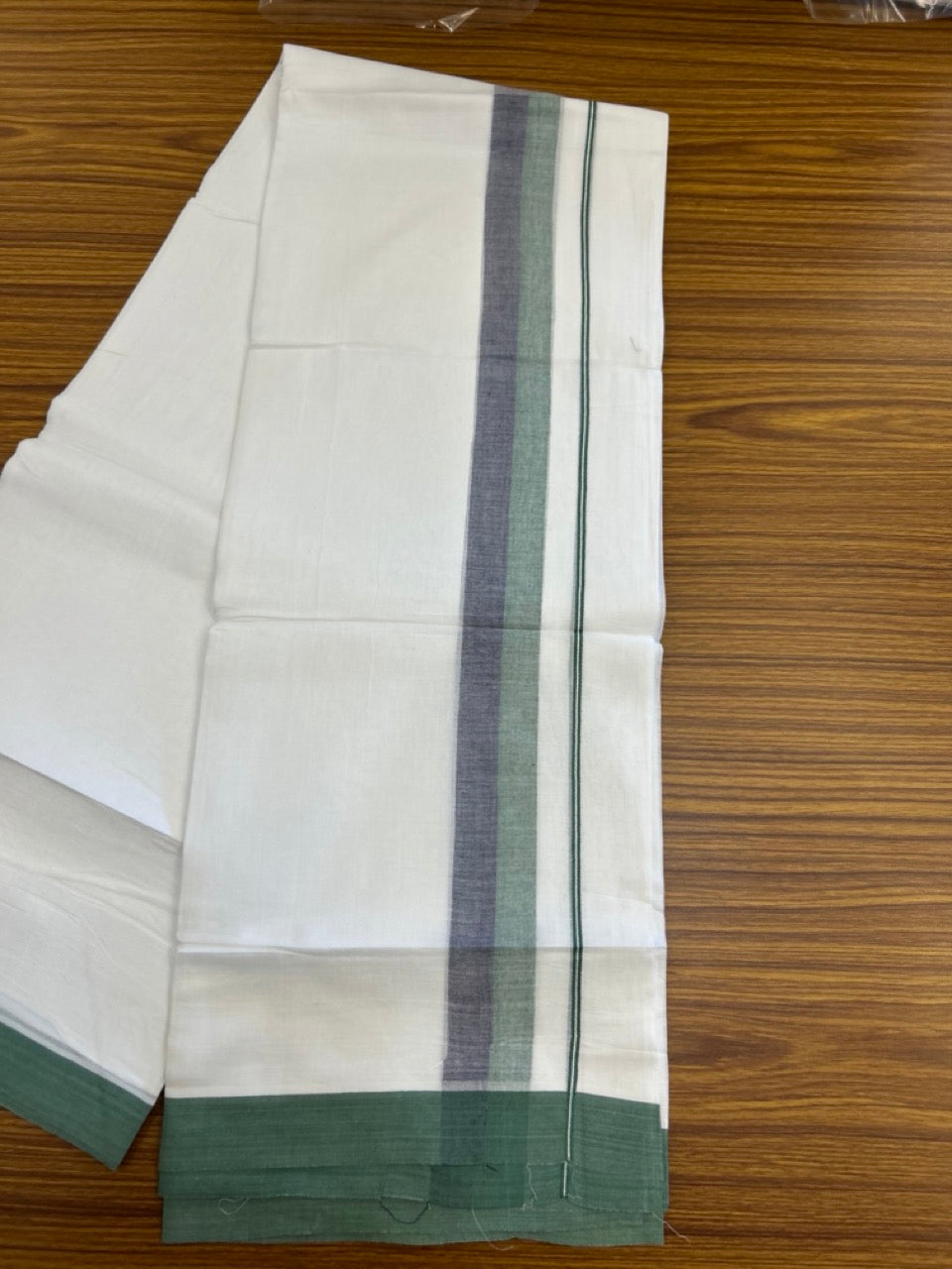 20% Discount ! Kaitharikada Balaramapuram 100% Cotton Pure White Double Mundu/Dothi - 60s - 1.5 inch Navy Blue & Green Shaded Kara 3.80 mtr (8 muzham) - 56 KK5299 THI