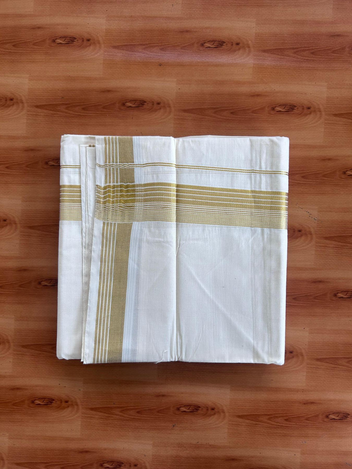 Off White (Unbleached) Double Mundu/Dhoti - 20% Discount ! KaithariKada - Pure cotton - 100x80 - 1.5 inch Gold Kasav Striped Kara 4 mtr (8.5 muzham) - 5 KK5514 VIN