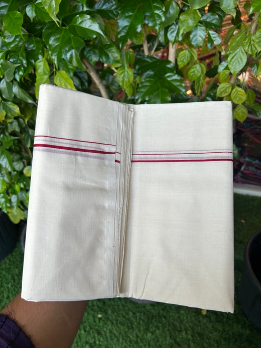 25% DISCOUNT! KaithariKada HANDLOOM Millpaav Balaramapuram - 100% PURE Cotton OFF WHITE (Unbleached) Double Mundu/Dhoti - 80X90 - 0.5 cm Maroon Kara 4 mtr (8.5 muzham) -  43KK5234 RAM