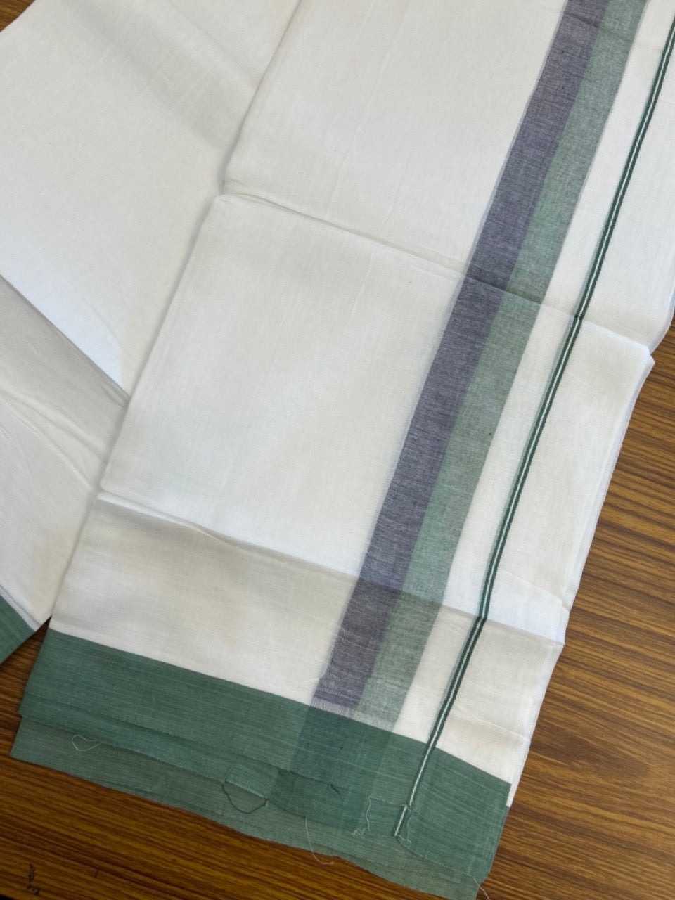 20% Discount ! Kaitharikada Balaramapuram 100% Cotton Pure White Double Mundu/Dothi - 60s - 1.5 inch Navy Blue & Green Shaded Kara 3.80 mtr (8 muzham) - 56 KK5299 THI