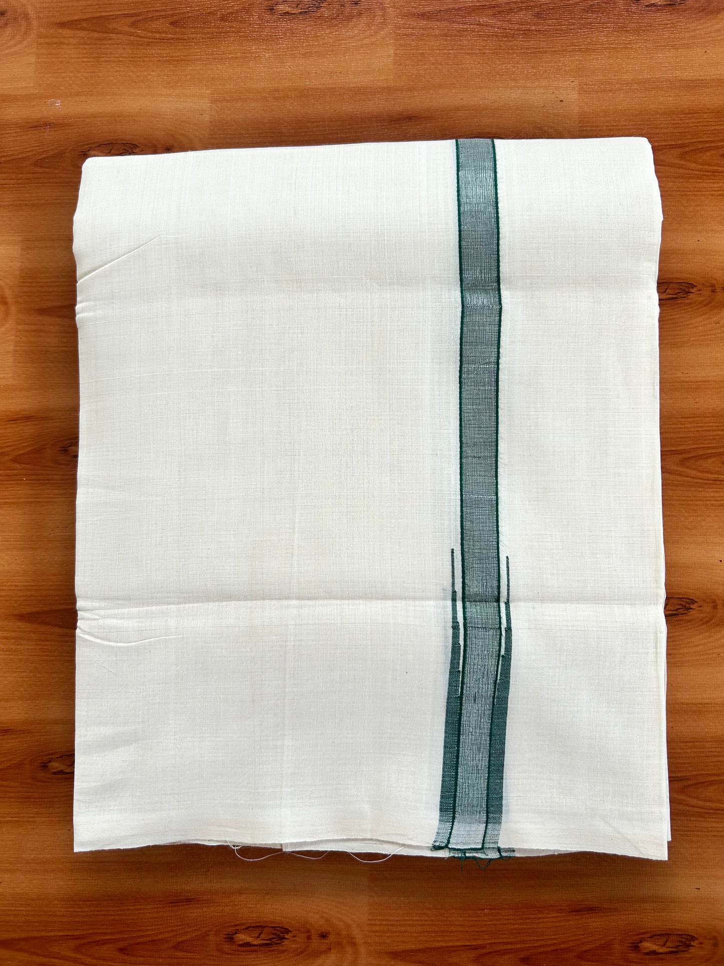 Double Off White - (Unbleached) Mundu/Dothi- 25% Discount!! KaithariKada Handloom Unakkupaav - Kerala Handloom - Pure Cotton - 80X90 - 0.5 inch Puliyilakkara Silver Kasav & Green Shaded Chutty Kara 4 mtr (8.5 muzham) - 10 KK5444 YAR