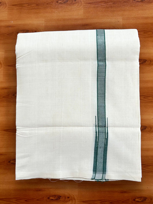 Double Off White - (Unbleached) Mundu/Dothi- 25% Discount!! KaithariKada Handloom Unakkupaav - Kerala Handloom - Pure Cotton - 80X90 - 0.5 inch Puliyilakkara Silver Kasav & Green Shaded Chutty Kara 4 mtr (8.5 muzham) - 10 KK5444 YAR