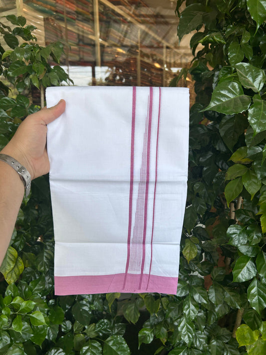 20% Discount ! Kaitharikada Balaramapuram 100% Pure Cotton Double Pure White Mundu/Dhoti - 100x80 - 1.25 inch Dark Pink shaded striped chutty 3.90 mtr (8.5 muzham) - 107 KK5361 PMC