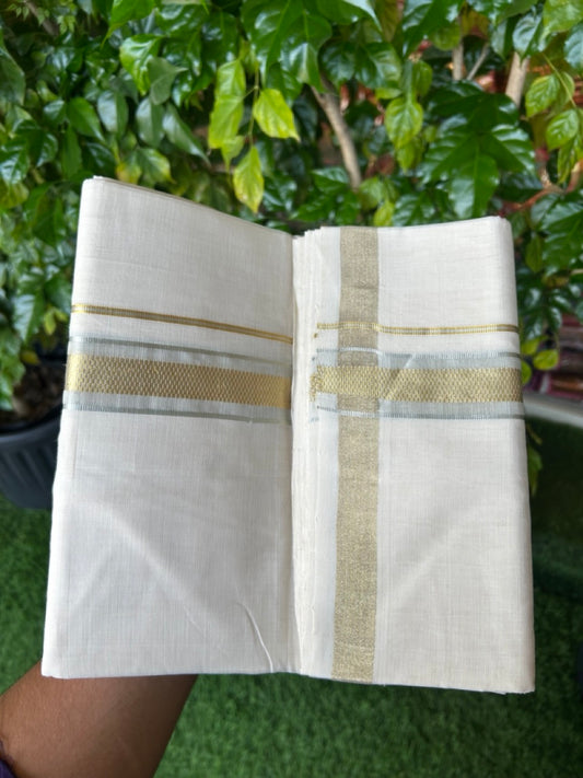 25% DISCOUNT ! KaithariKada HANDLOOM  UNAKKUPAAV Balaramapuram - 100% PURE Cotton Off White - (Unbleached) Double Mundu/Dhoti - 80X90 - 1.5 inch Gold Kasavu & Silver Kasavu Jacquard Kara 4 mtr (8.5 muzham) - 48 KK5234 RAM