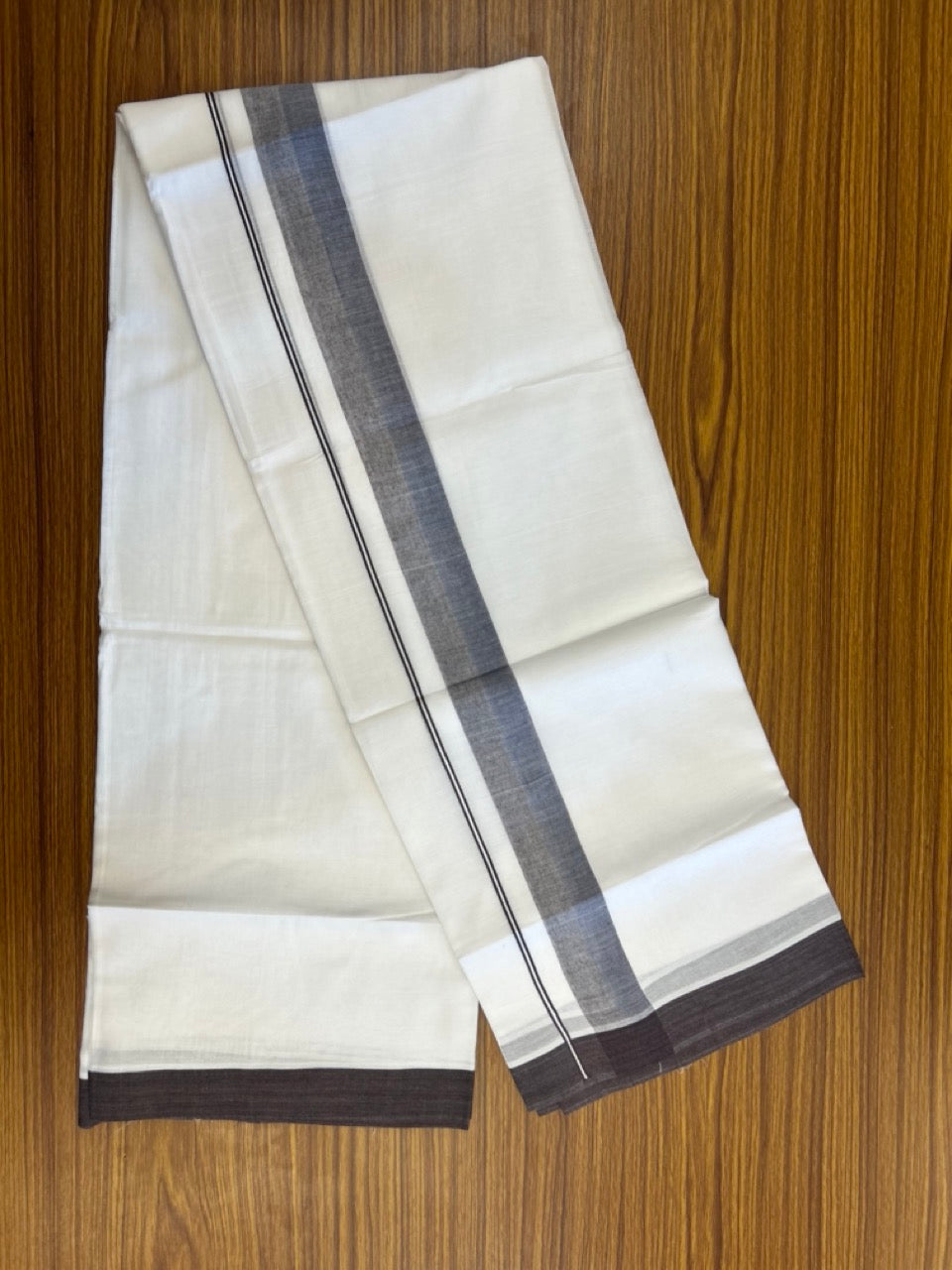20% Discount ! Kaitharikada Balaramapuram 100% Cotton Pure White Double Mundu/Dothi - 60s - 1.5 inch Light Brown & Dark Brown Kara 3.80 mtr (8 muzham) - 47 KK5299 THI
