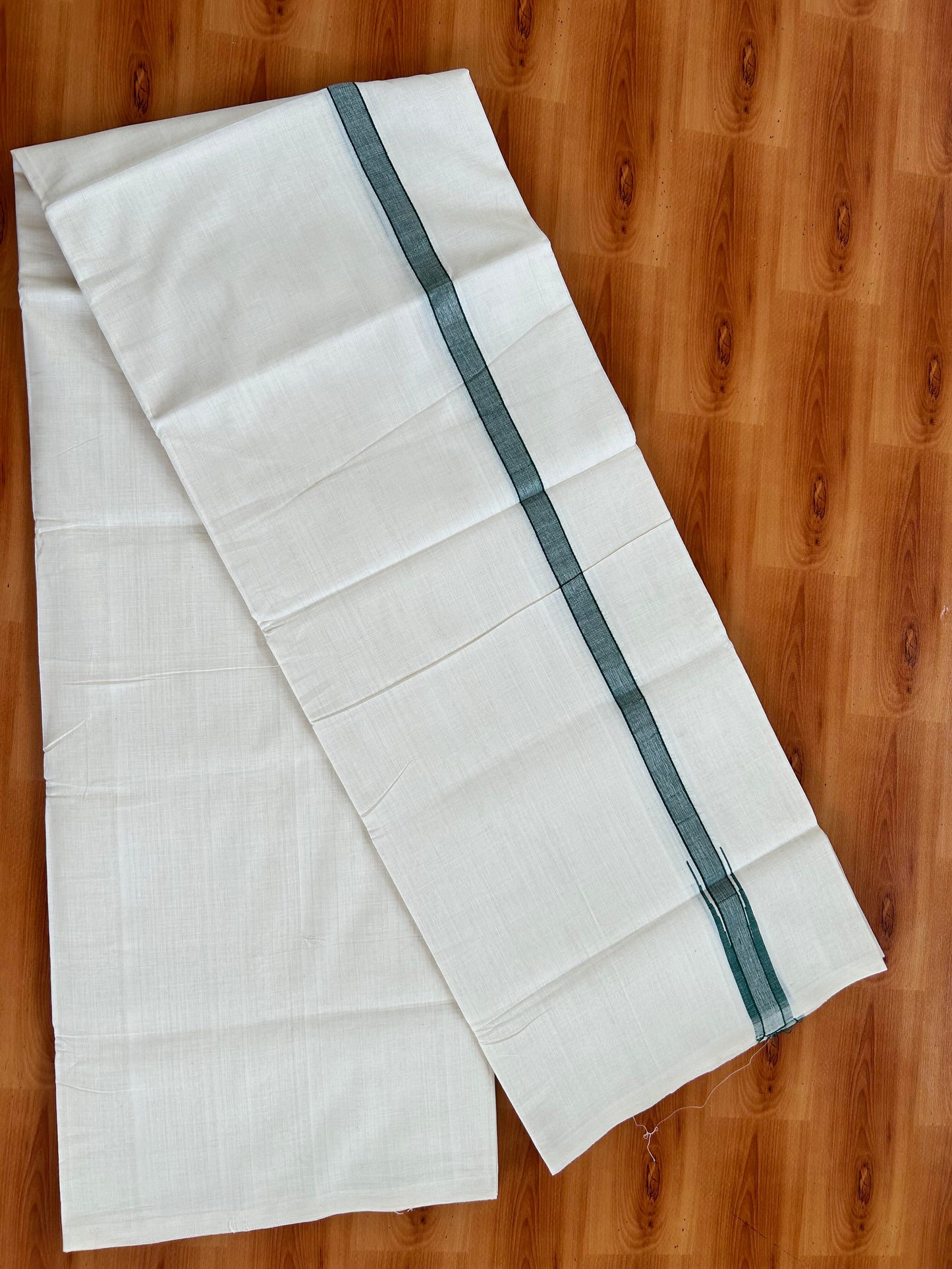 Double Off White - (Unbleached) Mundu/Dothi- 25% Discount!! KaithariKada Handloom Unakkupaav - Kerala Handloom - Pure Cotton - 80X90 - 0.5 inch Puliyilakkara Silver Kasav & Green Shaded Chutty Kara 4 mtr (8.5 muzham) - 10 KK5444 YAR