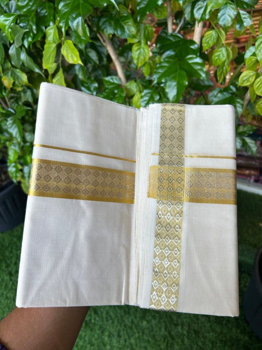 25% DISCOUNT ! KaithariKada HANDLOOM Unakkupaav Balaramapuram - 100% PURE Cotton Off White (Unbleached) Double Mundu/Dhoti - 80x90 - 1.75 inch Gold Kasavu & Silver Kasavu Jacquard Design Kara 4 mtr (8.5 Muzham) - 47 KK5234 RAM