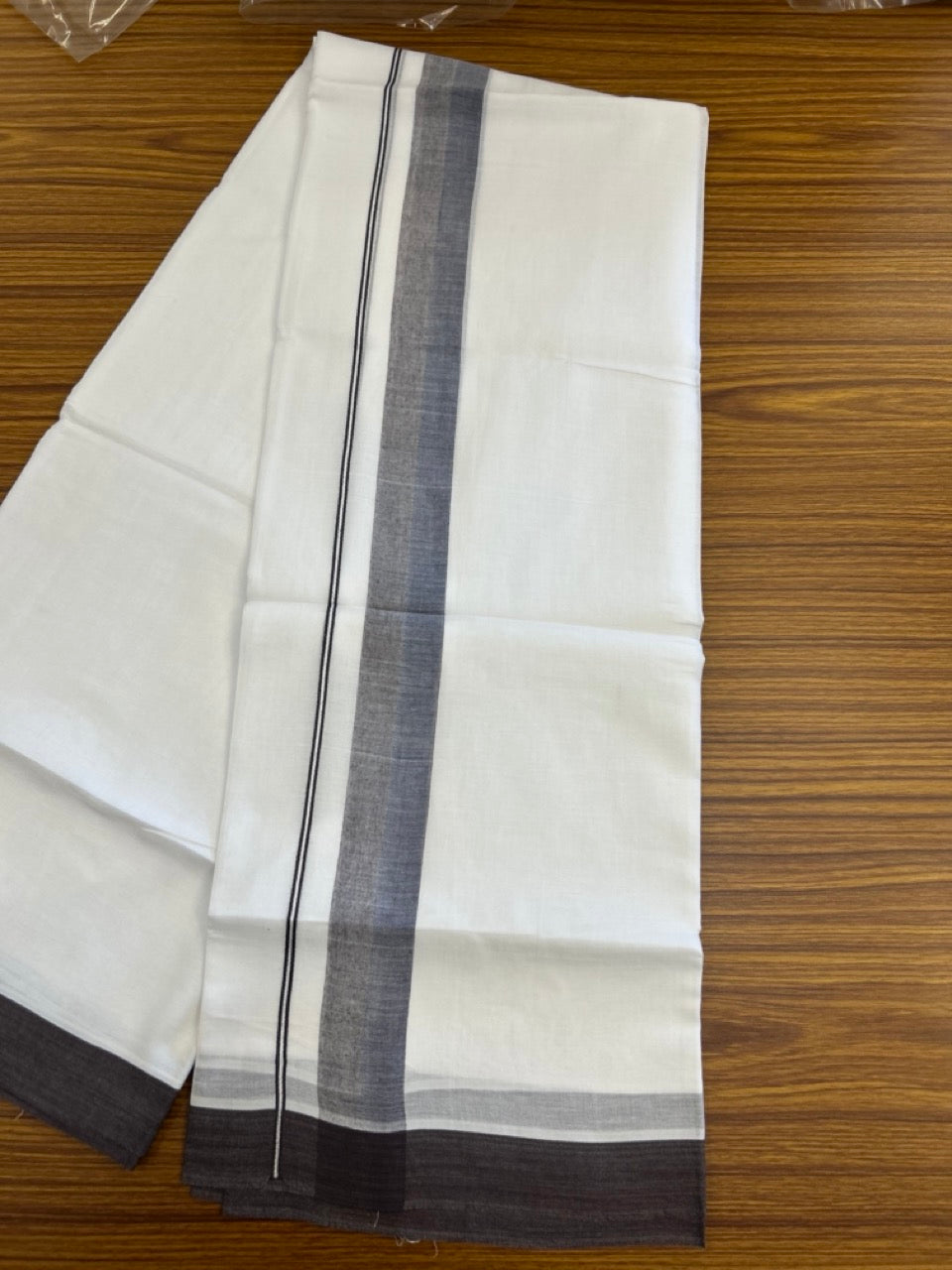 20% Discount ! Kaitharikada Balaramapuram 100% Cotton Pure White Double Mundu/Dothi - 60s - 1.5 inch Light Brown & Dark Brown Kara 3.80 mtr (8 muzham) - 47 KK5299 THI