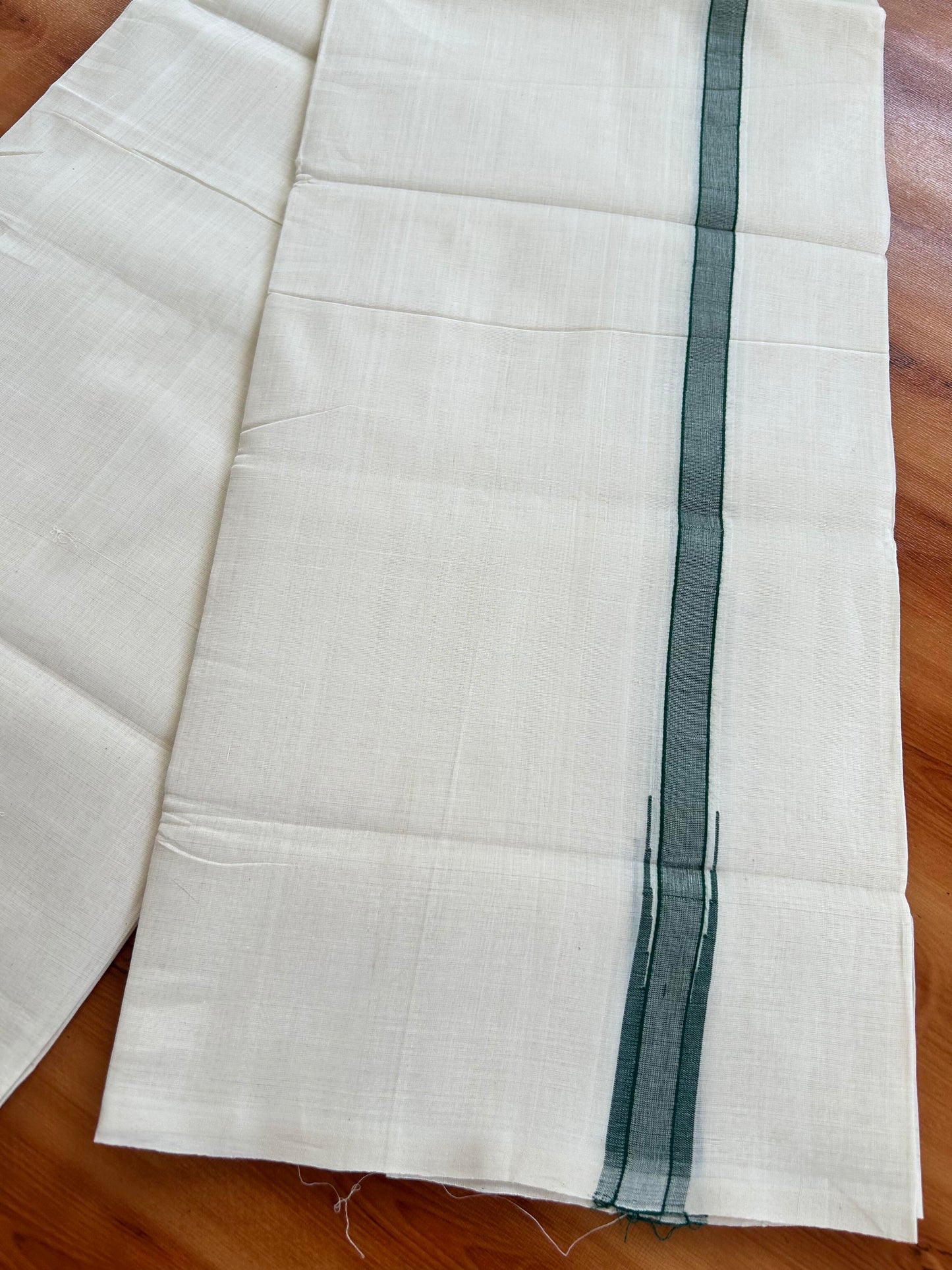 Double Off White - (Unbleached) Mundu/Dothi- 25% Discount!! KaithariKada Handloom Unakkupaav - Kerala Handloom - Pure Cotton - 80X90 - 0.5 inch Puliyilakkara Silver Kasav & Green Shaded Chutty Kara 4 mtr (8.5 muzham) - 10 KK5444 YAR