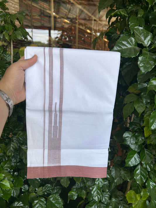 20% Discount ! Kaitharikada Balaramapuram 100% Pure Cotton Double Pure White Mundu/Dhoti - 100x80 - 1.5 inch Brown shaded striped Temple chutty 3.90 mtr (8.5 muzham) - 103 KK5361 PMC