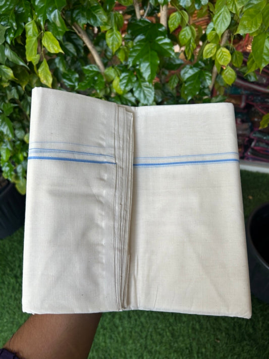 25% DISCOUNT! KaithariKada HANDLOOM Millpaav Balaramapuram - 100% PURE Cotton OFF WHITE (Unbleached) Double Mundu/Dhoti - 80X90 - 0.5 cm Baby Blue Kara 4 mtr (8.5 muzham) -  44KK5234 RAM