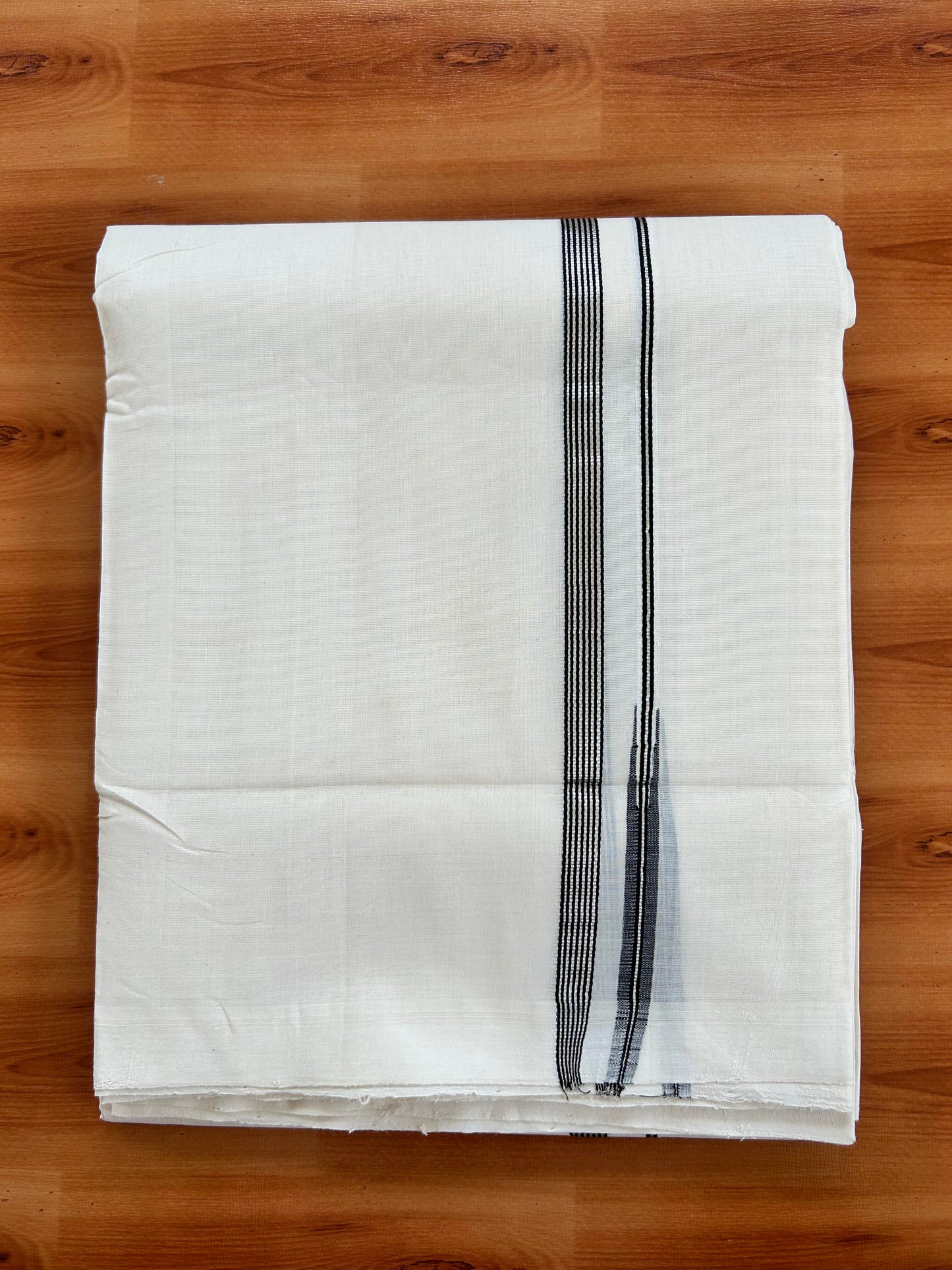 Double Off White - (Unbleached) Mundu/Dothi- 25% Discount!! KaithariKada Handloom Unakkupaav - Kerala Handloom - Pure Cotton - 80X90 - 0.5 inch Puliyilakkara Silver Kasav & Black Striped Chutty Kara 4 mtr (8.5 muzham) - 5 KK5444 YAR