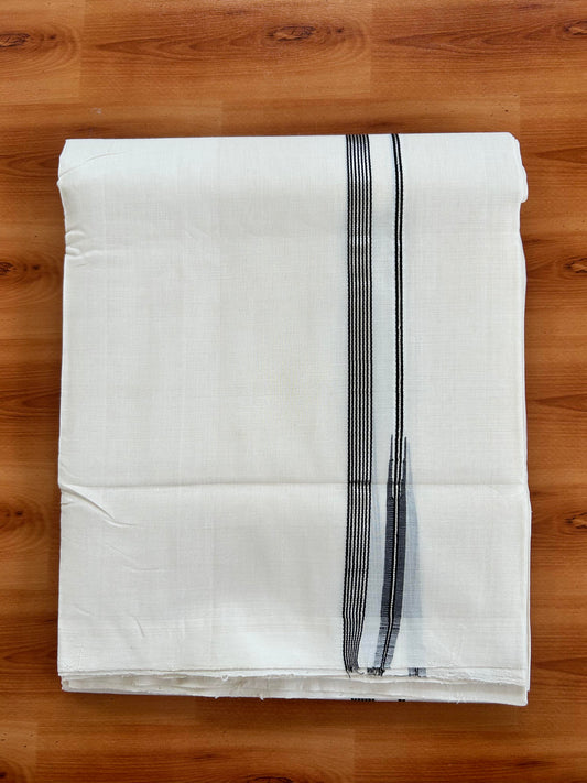 Double Off White - (Unbleached) Mundu/Dothi- 25% Discount!! KaithariKada Handloom Unakkupaav - Kerala Handloom - Pure Cotton - 80X90 - 0.5 inch Puliyilakkara Silver Kasav & Black Striped Chutty Kara 4 mtr (8.5 muzham) - 5 KK5444 YAR