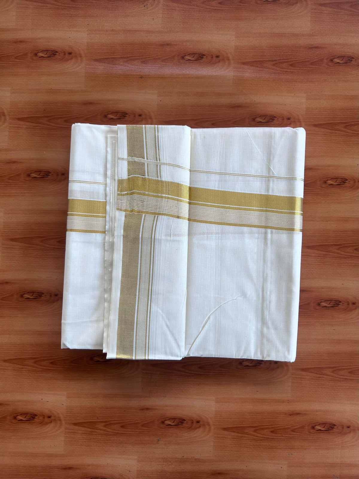 Off White (Unbleached) Double Mundu/Dhoti - 20% Discount ! KaithariKada - Pure cotton - 100x80 - 1.5 inch Gold Kasav Striped Kara 4 mtr (8.5 muzham) - 7 KK5514 VIN