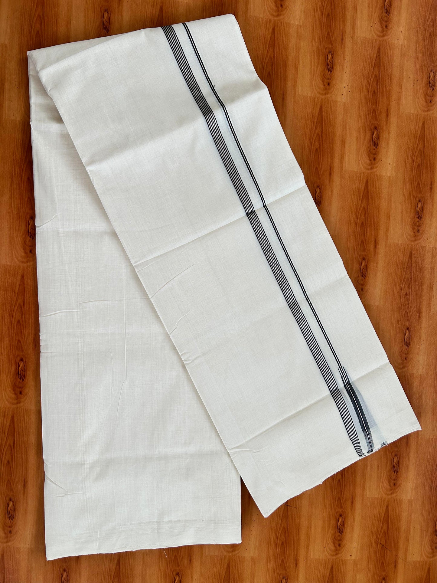 Double Off White - (Unbleached) Mundu/Dothi- 25% Discount!! KaithariKada Handloom Unakkupaav - Kerala Handloom - Pure Cotton - 80X90 - 0.5 inch Puliyilakkara Silver Kasav & Black Striped Chutty Kara 4 mtr (8.5 muzham) - 5 KK5444 YAR