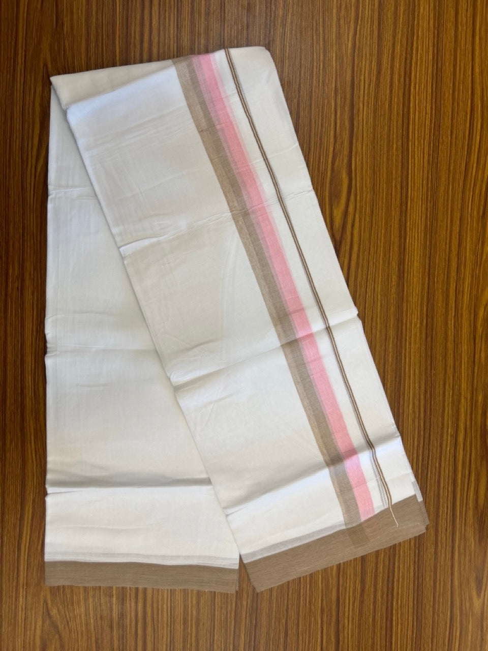 20% Discount ! Kaitharikada Balaramapuram 100% Cotton Pure White Double Mundu/Dothi - 60s - 1.5 inch Light Brown & Pink Shaded Kara 3.80 mtr (8 muzham) - 49 KK5299 THI