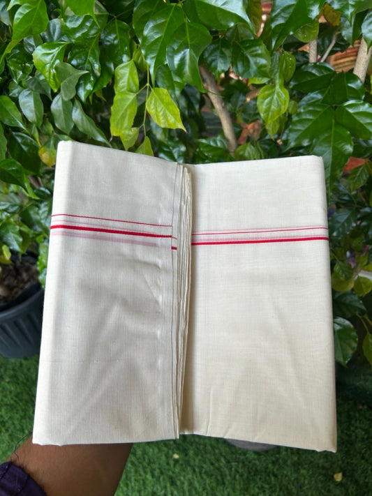 25% DISCOUNT! KaithariKada HANDLOOM Millpaav Balaramapuram - 100% PURE Cotton OFF WHITE (Unbleached) Double Mundu/Dhoti - 80X90 - 0.5 cm Bright Red Kara 4 mtr (8.5 muzham) - 41KK5234 RAM