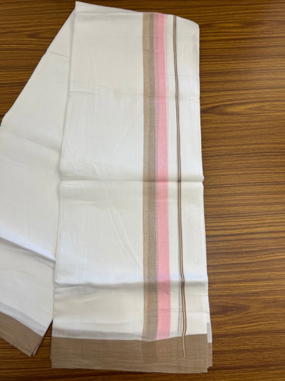 20% Discount ! Kaitharikada Balaramapuram 100% Cotton Pure White Double Mundu/Dothi - 60s - 1.5 inch Light Brown & Pink Shaded Kara 3.80 mtr (8 muzham) - 49 KK5299 THI