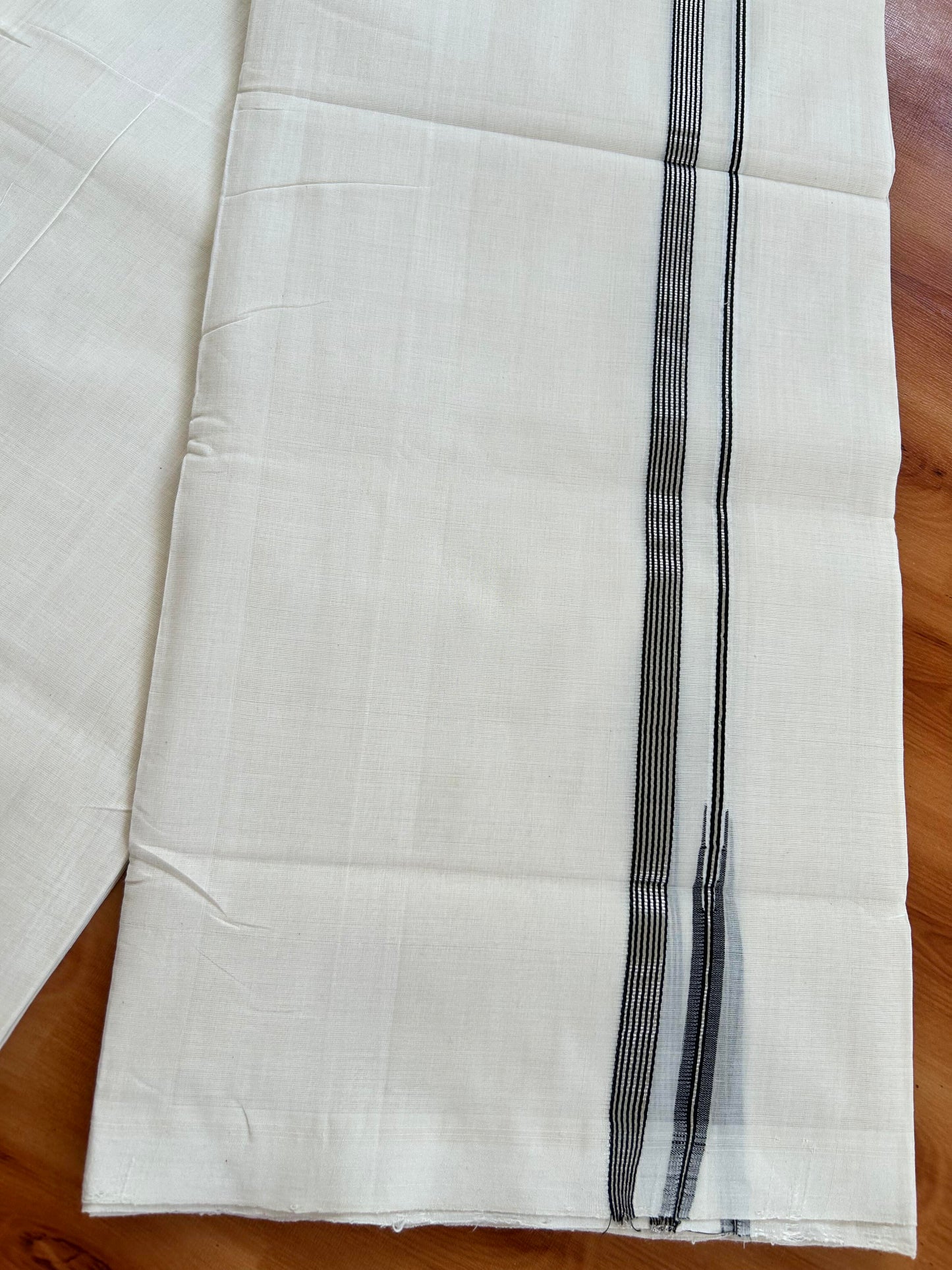 Double Off White - (Unbleached) Mundu/Dothi- 25% Discount!! KaithariKada Handloom Unakkupaav - Kerala Handloom - Pure Cotton - 80X90 - 0.5 inch Puliyilakkara Silver Kasav & Black Striped Chutty Kara 4 mtr (8.5 muzham) - 5 KK5444 YAR