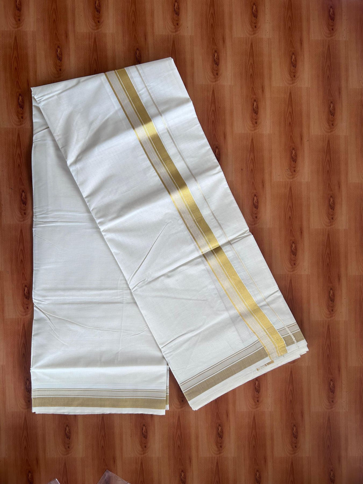 Off White (Unbleached) Double Mundu/Dhoti - 20% Discount ! KaithariKada - Pure cotton - 100x80 - 1.5 inch Gold Kasav Striped Kara 4 mtr (8.5 muzham) - 7 KK5514 VIN