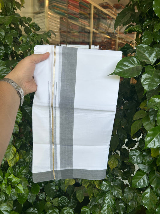 20% Discount ! Kaitharikada Balaramapuram 100% Pure Cotton Double Pure White Mundu/Dhoti - 100x80 - 1.5 inch Silver Kasav & Dark Olive Shaded Stripes Chutty 3.90 mtr (8 muzham) - 168 KK5361 PMC