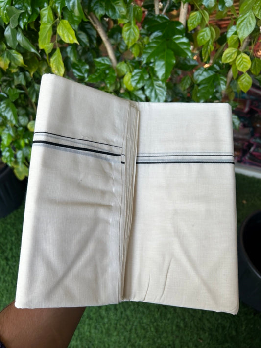 25% DISCOUNT! KaithariKada HANDLOOM Millpaav Balaramapuram - 100% PURE Cotton OFF WHITE (Unbleached) Double Mundu/Dhoti - 80X90 - 0.5 cm Black Kara 4 mtr (8.5 muzham) - 42KK5234 RAM