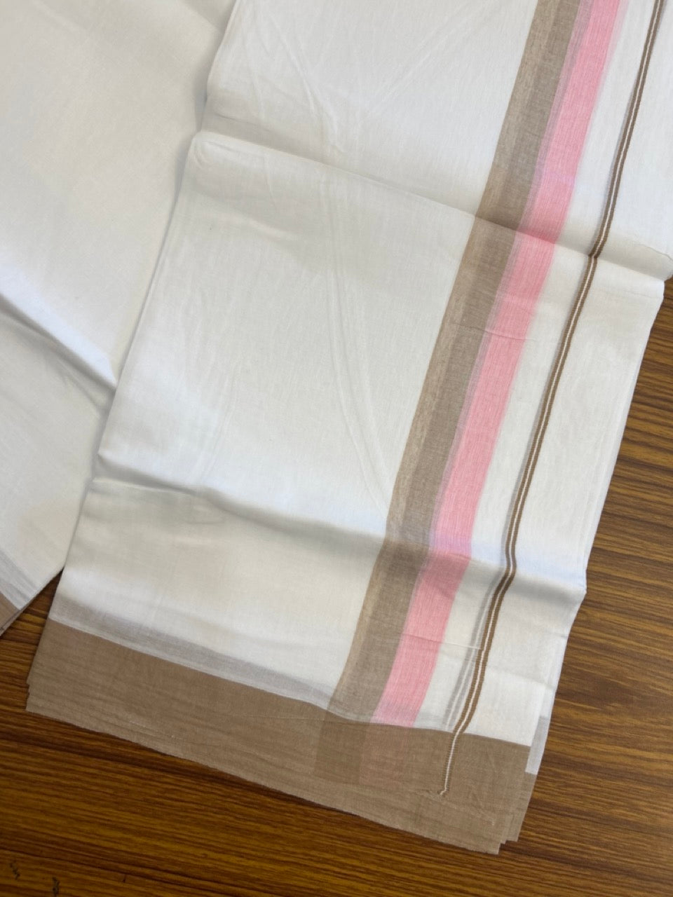 20% Discount ! Kaitharikada Balaramapuram 100% Cotton Pure White Double Mundu/Dothi - 60s - 1.5 inch Light Brown & Pink Shaded Kara 3.80 mtr (8 muzham) - 49 KK5299 THI