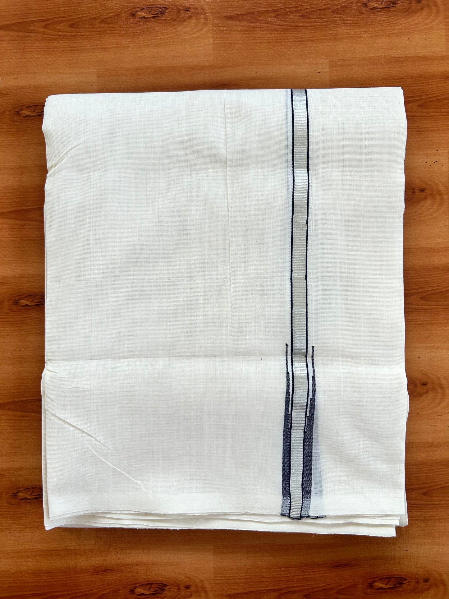 Double Off White - (Unbleached) Mundu/Dothi- 25% Discount!! KaithariKada Handloom Unakkupaav - Kerala Handloom - Pure Cotton - 80X90 - 0.5 inch Puliyilakkara Silver Kasav & Navy Blue Chutty Kara 4 mtr (8.5 muzham) - 8 KK5444 YAR