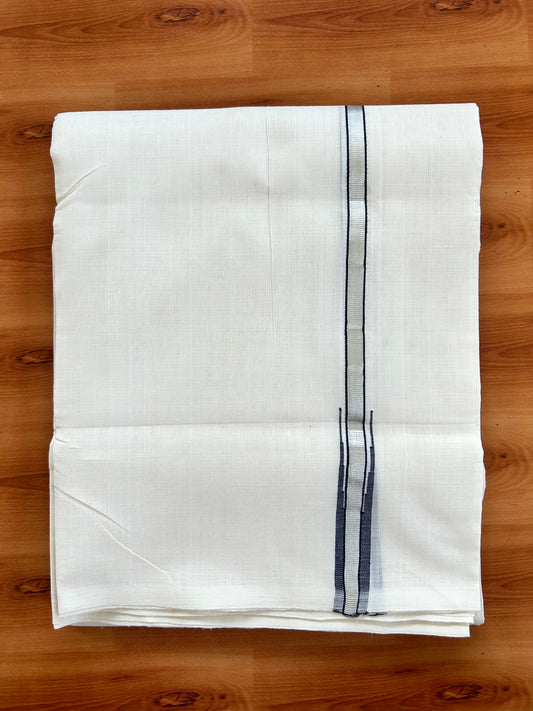 Double Off White - (Unbleached) Mundu/Dothi- 25% Discount!! KaithariKada Handloom Unakkupaav - Kerala Handloom - Pure Cotton - 80X90 - 0.5 inch Puliyilakkara Silver Kasav & Navy Blue Chutty Kara 4 mtr (8.5 muzham) - 8 KK5444 YAR