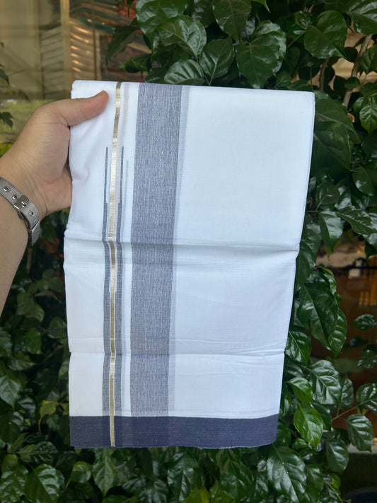 20% Discount ! Kaitharikada Balaramapuram 100% Pure Cotton Double Pure White Mundu/Dhoti - 100x80 - 1.5 inch Silver Kasav & Navy Blue Shaded Stripes Chutty 3.90 mtr (8 muzham) - 169 KK5361 PMC