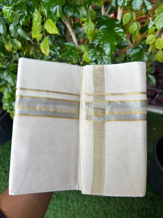 25% DISCOUNT ! KaithariKada HANDLOOM UNAKKUPAAV Balaramapuram - 100% PURE Cotton Off White - (Unbleached) Double Mundu/Dhoti - 80X90 - 1.5 inch Gold Kasavu & Silver Kasavu Jacquard Kara 4 mtr (8.5 muzham) - 49 KK5234 RAM