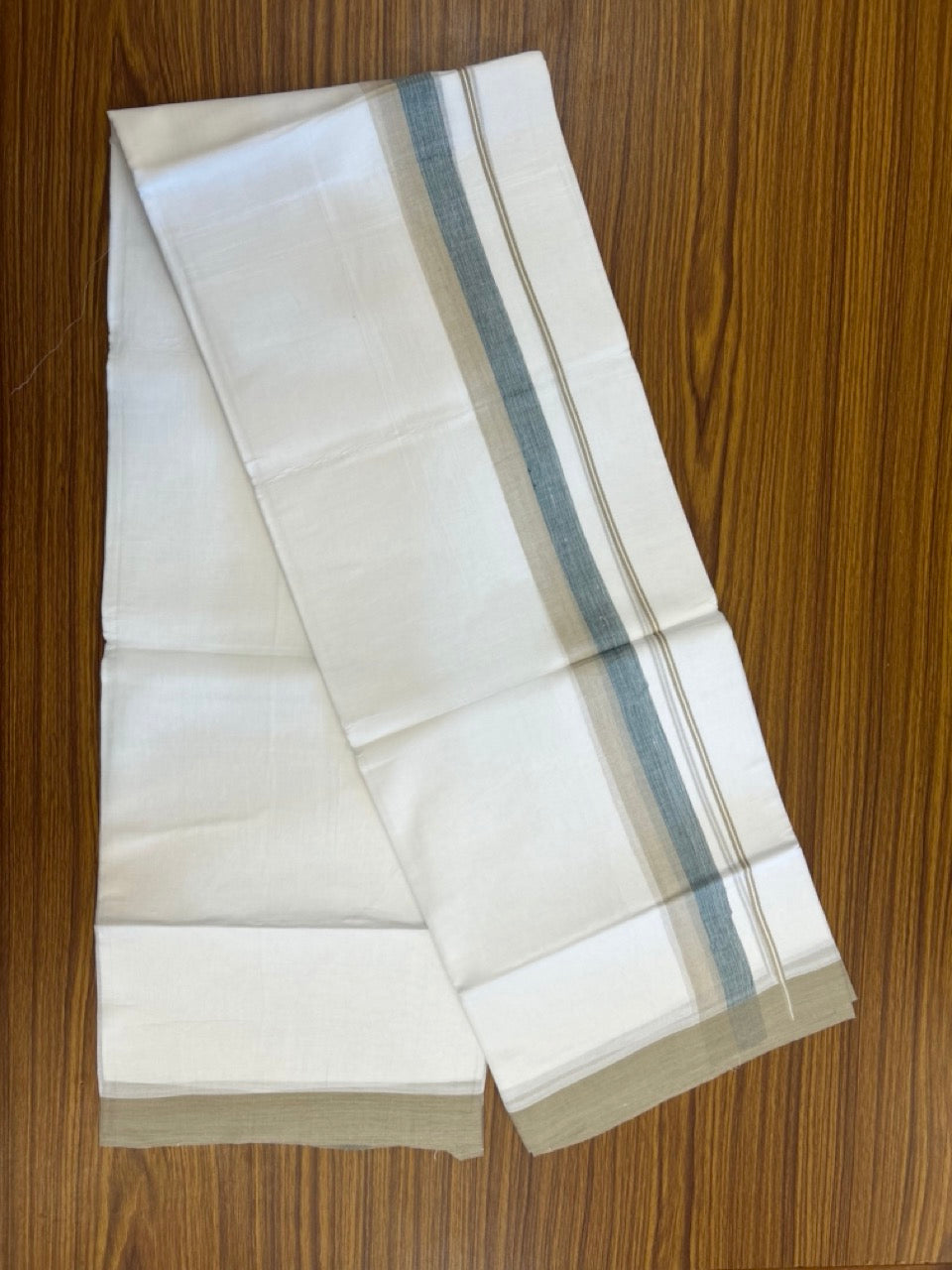 20% Discount ! Kaitharikada Balaramapuram 100% Cotton Pure White Double Mundu/Dothi - 60s - 1.5 inch Green & Beige Shaded Kara 3.80 mtr (8 muzham) - 53 KK5299 THI