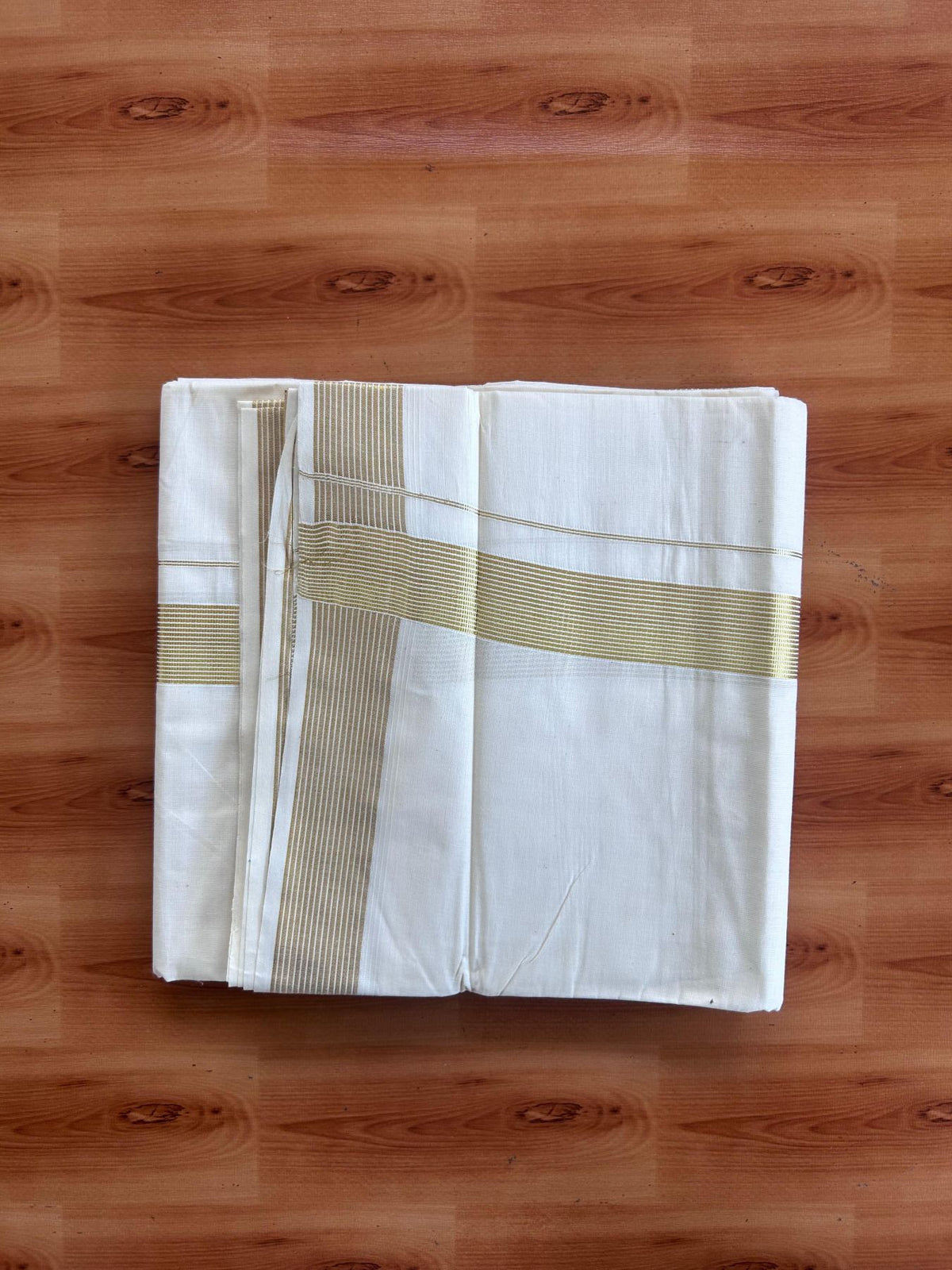 Off White (Unbleached) Double Mundu/Dhoti - 20% Discount ! KaithariKada - Pure cotton - 100x80 - 1.5 inch Gold Kasav Striped Kara 4 mtr (8.5 muzham) - 10 KK5514 VIN