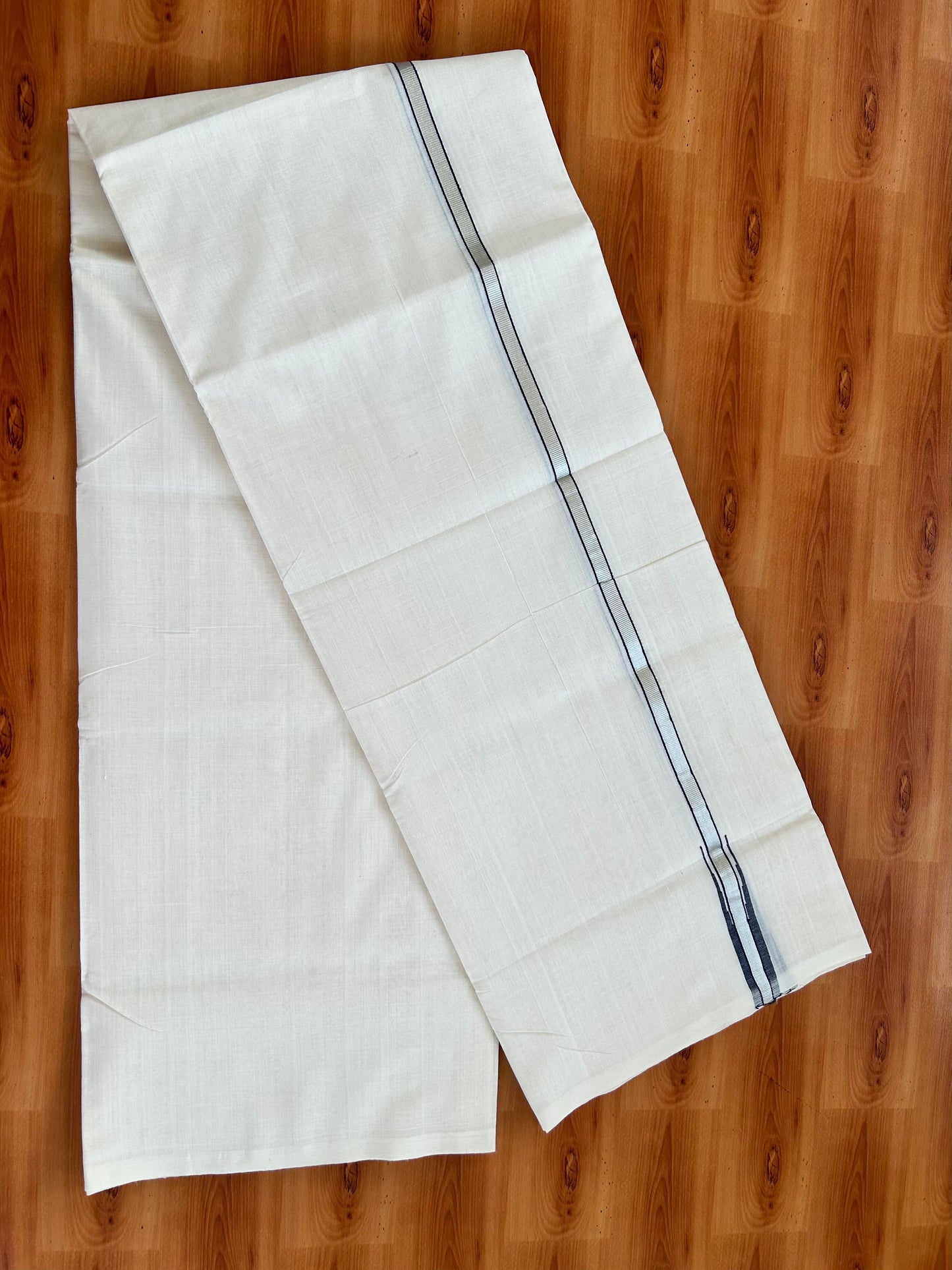 Double Off White - (Unbleached) Mundu/Dothi- 25% Discount!! KaithariKada Handloom Unakkupaav - Kerala Handloom - Pure Cotton - 80X90 - 0.5 inch Puliyilakkara Silver Kasav & Navy Blue Chutty Kara 4 mtr (8.5 muzham) - 8 KK5444 YAR