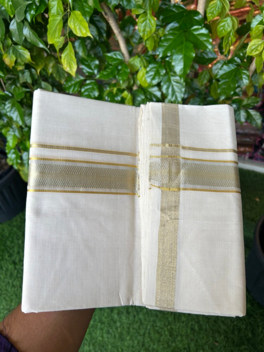 25% Discount ! KaithariKada HANDLOOM UNAKKUPAAV Balaramapuram - 100% PURE Cotton Off White - (Unbleached) Double Mundu/Dhoti - 80X90 - 1.5 inch Gold Kasavu & Silver Kasavu Jacquard Kara 4 mtr (8.5 muzham) - 50 KK5234 RAM