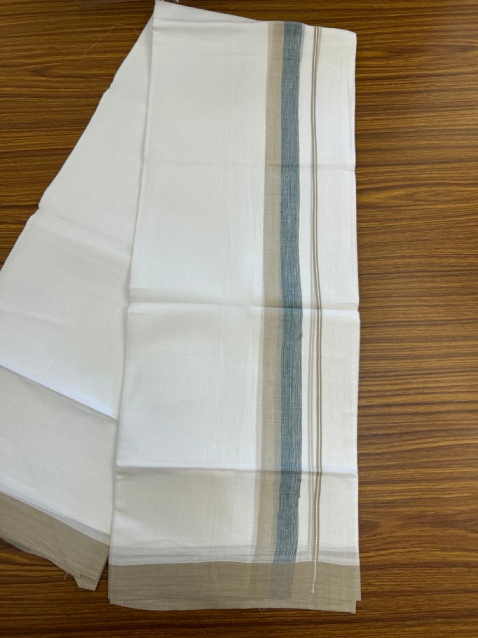 20% Discount ! Kaitharikada Balaramapuram 100% Cotton Pure White Double Mundu/Dothi - 60s - 1.5 inch Green & Beige Shaded Kara 3.80 mtr (8 muzham) - 53 KK5299 THI