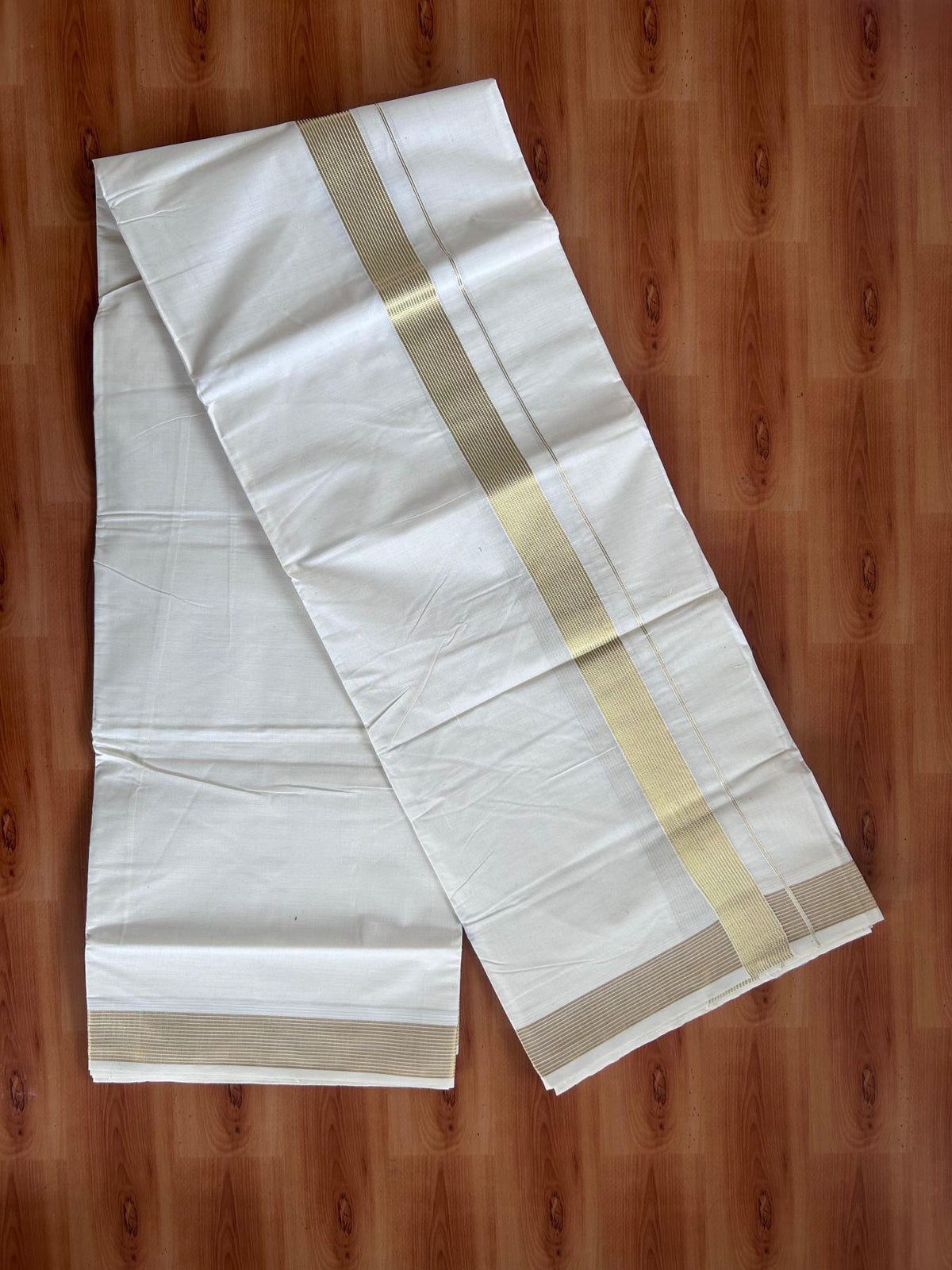Off White (Unbleached) Double Mundu/Dhoti - 20% Discount ! KaithariKada - Pure cotton - 100x80 - 1.5 inch Gold Kasav Striped Kara 4 mtr (8.5 muzham) - 10 KK5514 VIN