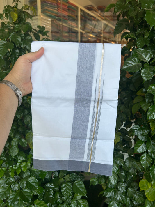20% Discount ! Kaitharikada Balaramapuram 100% Pure Cotton Double Pure White Mundu/Dhoti - 100x80 - 1.5 inch Silver Kasav & Grey Blue Shaded Stripes Chutty 3.90 mtr (8 muzham) - 162 KK5361 PMC