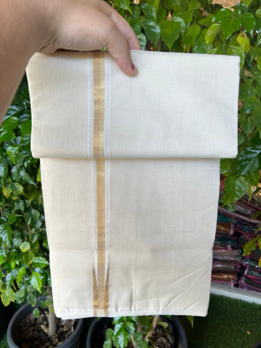25% Discount! KaithariKada HANDLOOM MILLPAAV Balaramapuram - 100% PURE Cotton OFF White Double - (Unbleached) Mundu/Dothi - 80X90 - 1 inch Puliyilakkara Gold Kasavu chutty Kara 4 mtr (8.5 Muzham)- 51 KK5234 RAM