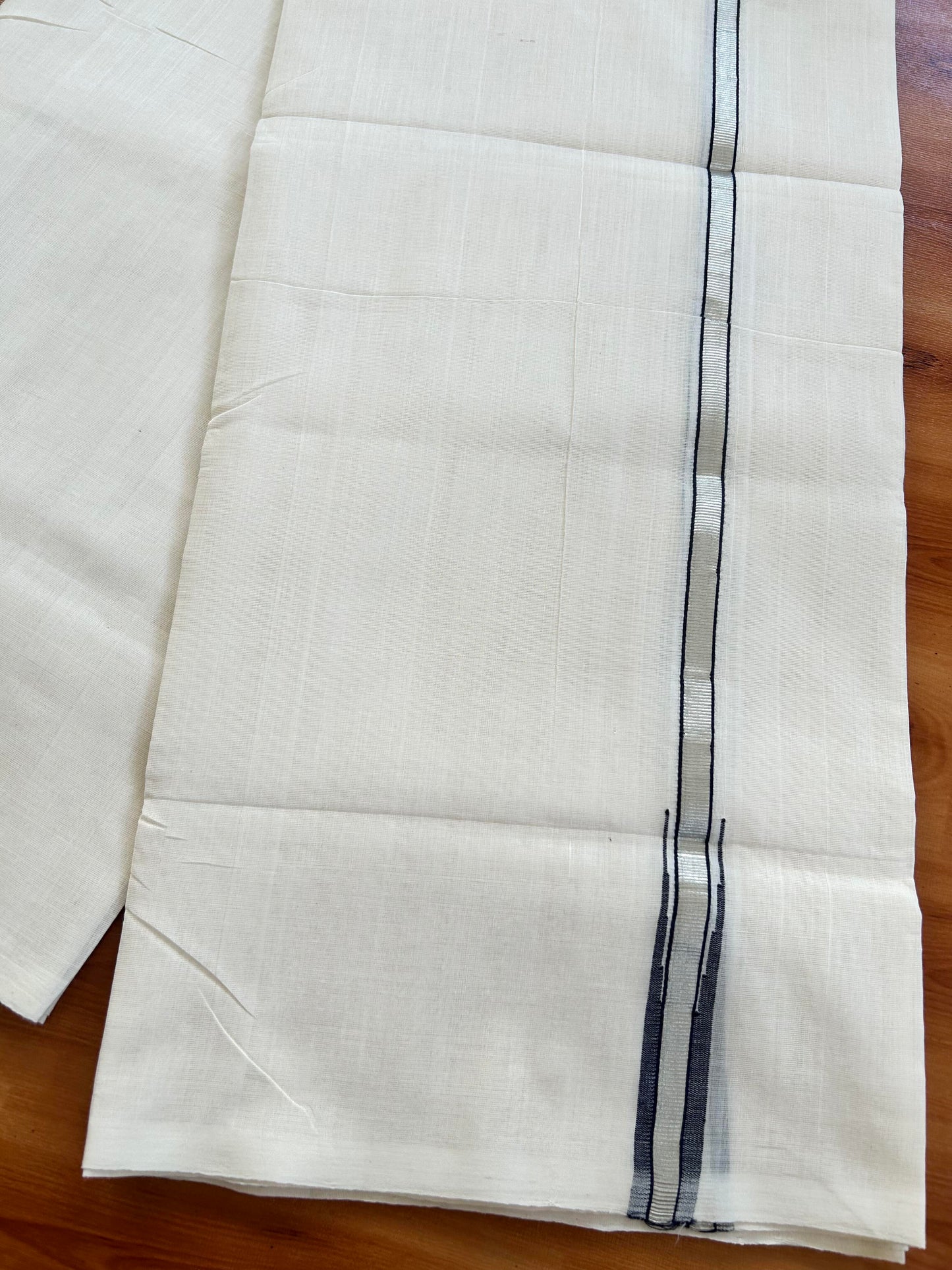 Double Off White - (Unbleached) Mundu/Dothi- 25% Discount!! KaithariKada Handloom Unakkupaav - Kerala Handloom - Pure Cotton - 80X90 - 0.5 inch Puliyilakkara Silver Kasav & Navy Blue Chutty Kara 4 mtr (8.5 muzham) - 8 KK5444 YAR