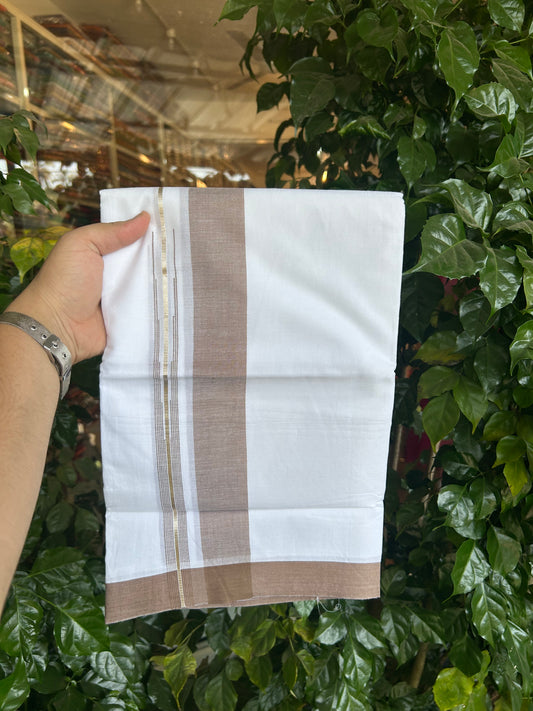 20% Discount ! Kaitharikada Balaramapuram 100% Pure Cotton Double Pure White Mundu/Dhoti - 100x80 - 1.5 inch Silver Kasav & Dusty brown Shaded Stripes Chutty 3.90 mtr (8 muzham) - 161 KK5361 PMC